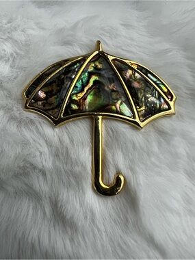 Vintage Nuri Abalone Gold Tone Umbrella Brooch